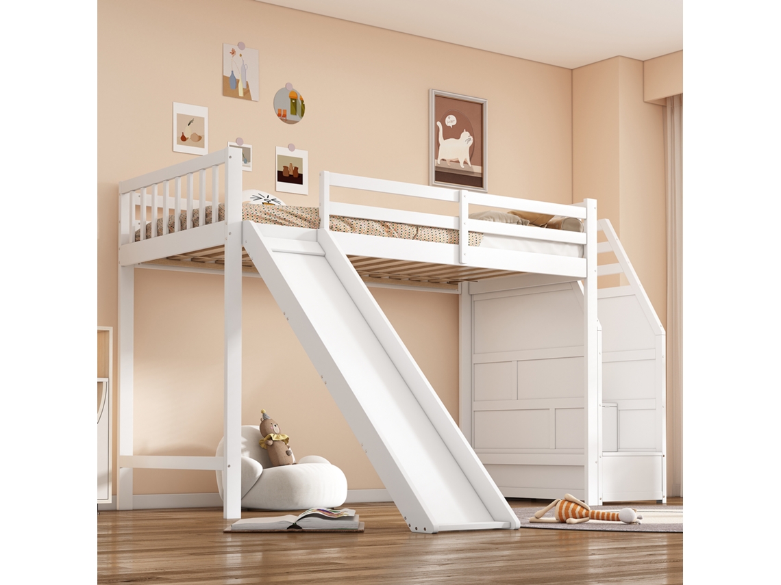 Beliche Infantil 90x200 Escada Escorrega Grade Armazenamento Branco