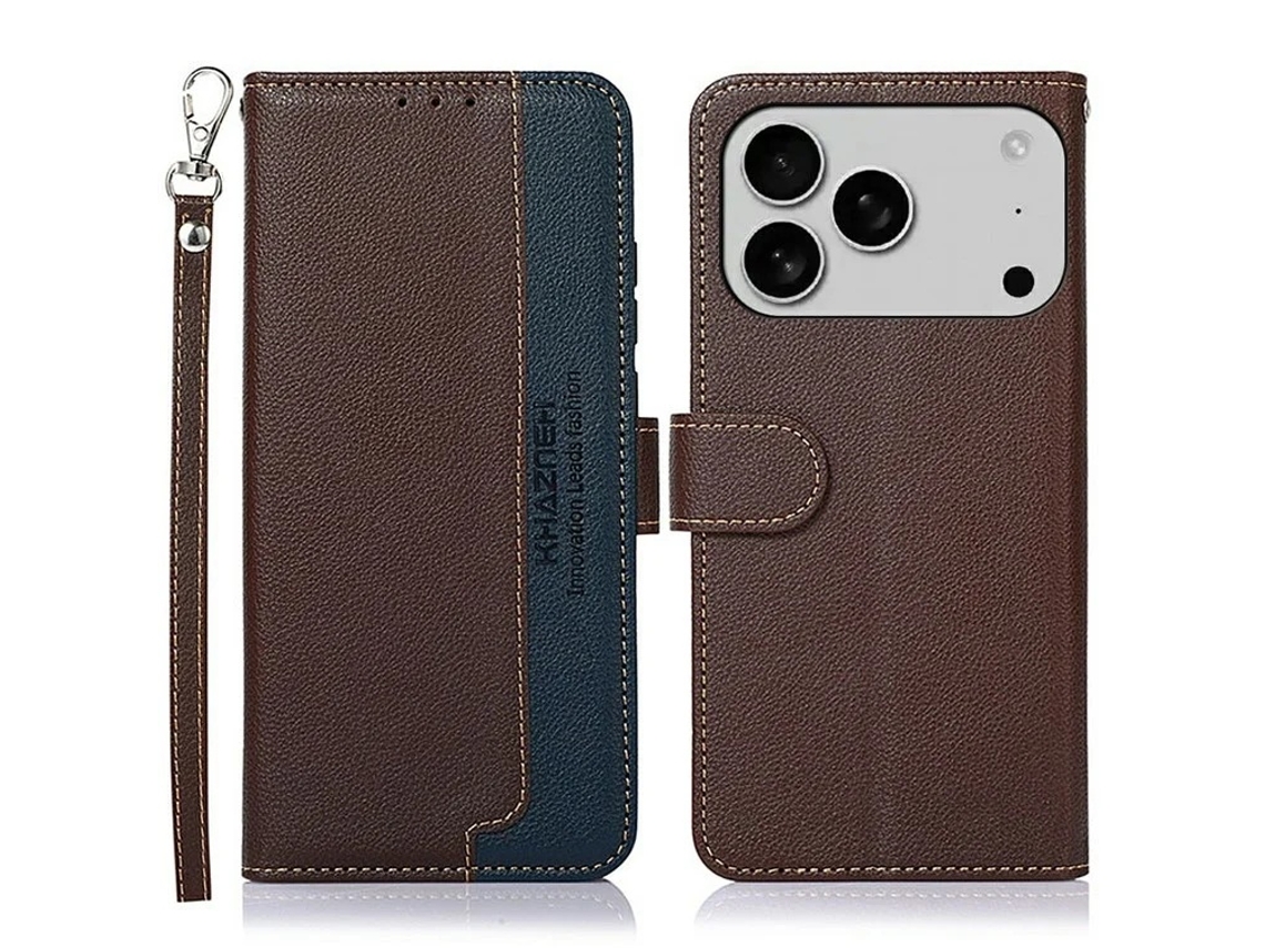 Capa Carteira Khazneh Para Iphone 17 Pro Max Em Couro Sintético Com Proteção Rfid - Marrom