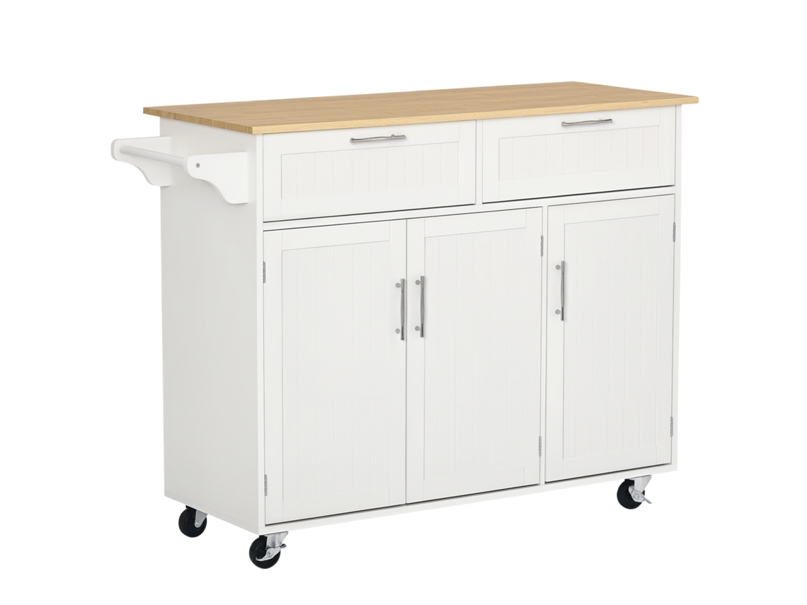 Carrinho de Cozinha Multifuncional ZENCORE SERVICES de madeira, 2 gavetas, 3 portas, 4 rodas, 121x46x91cm, branco