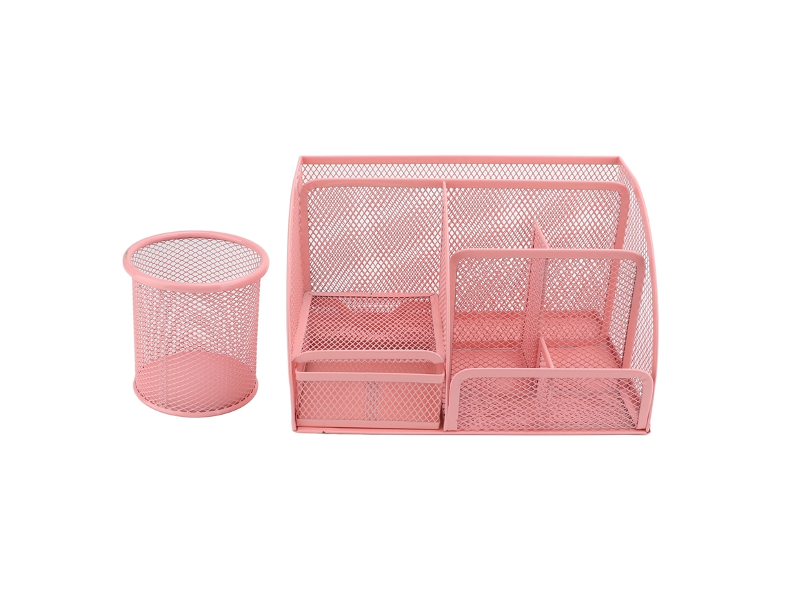 Portafuentes de Red Metal 7 Compartimentos Con Cajón Organizador de Papelería Multifuncional para Oficina Hogar Escuela Clase Rosado