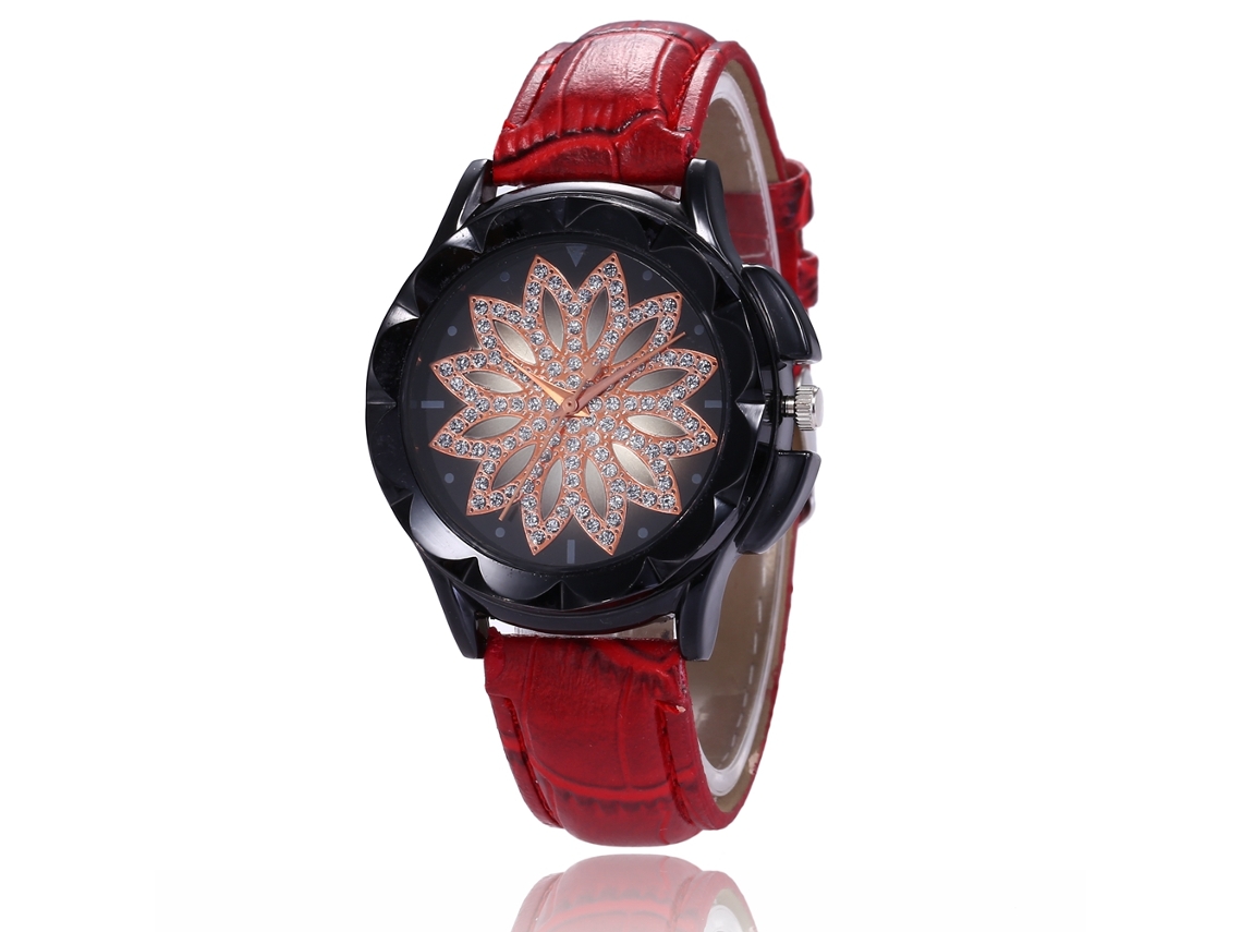 Relógio de quartzo unissex com mostrador floral e pulseira casual de couro PU vermelho.