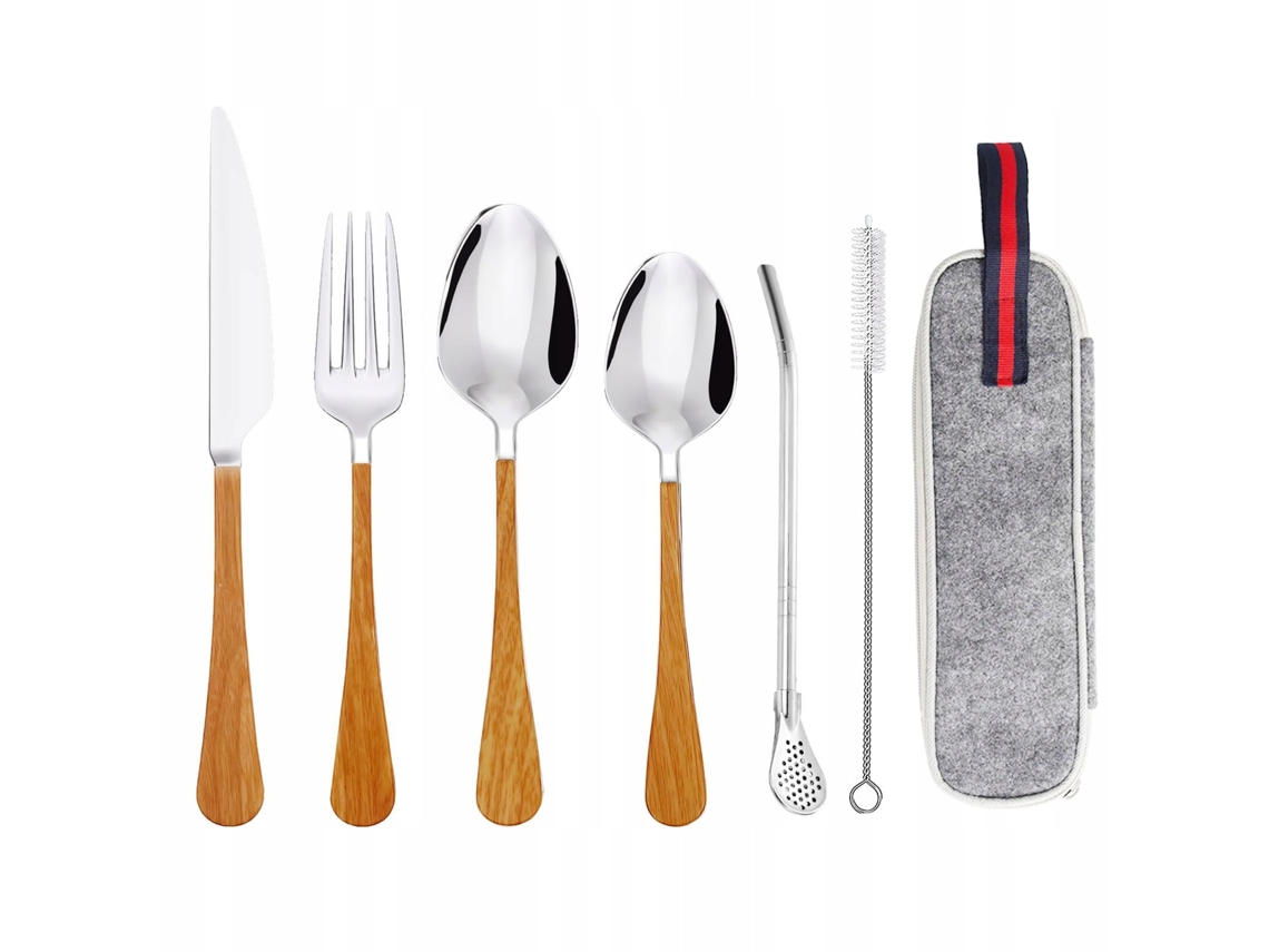 Kit De Utensílios Portáteis De Aço Inoxidável 6 Peças Com Cabo De Madeira Para Acampamento E Escritório Design Colorido