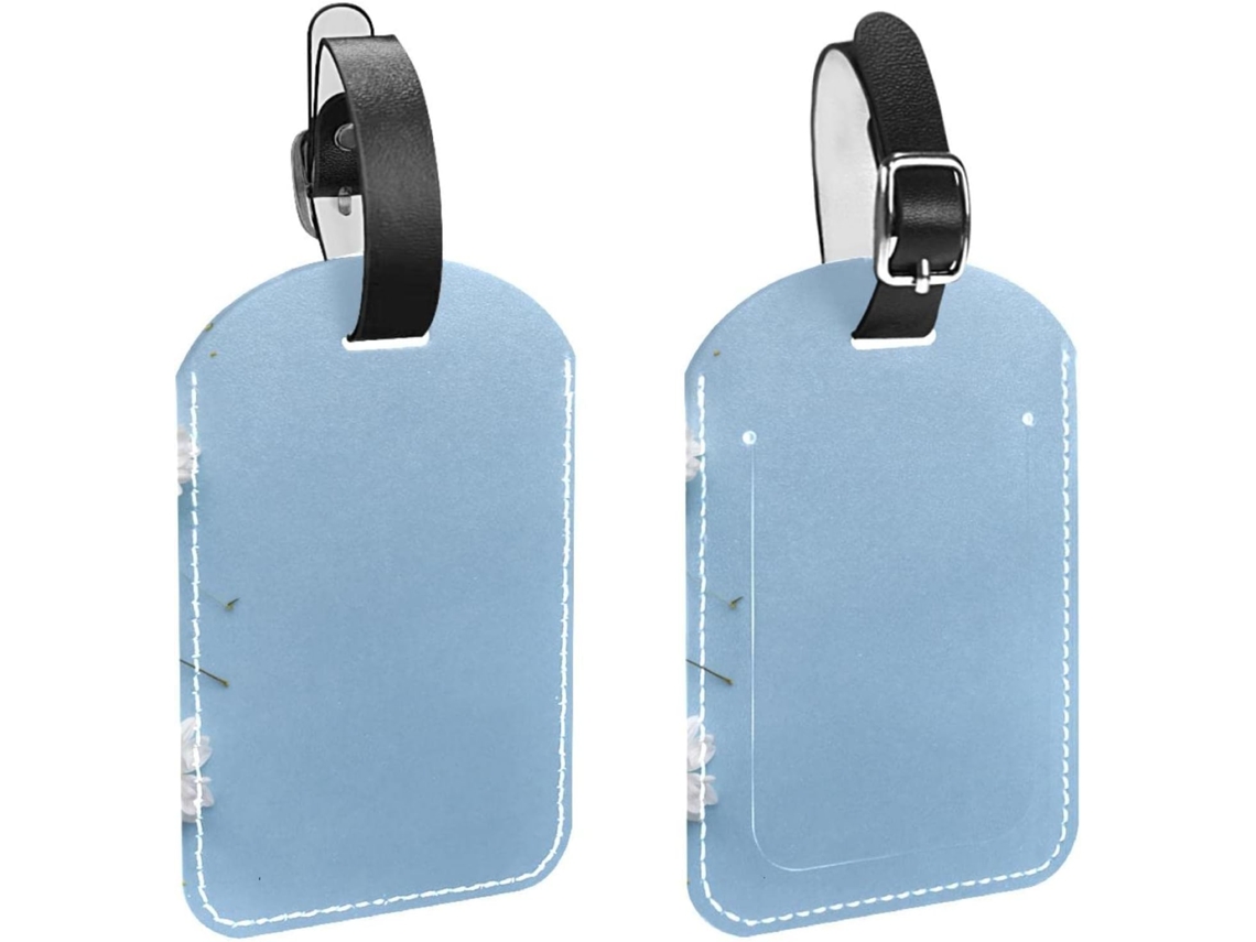 Conjunto De 2 Etiquetas Bagagem, Couro Sintético, Proteção De Privacidade, Margarida Branca Sobre Fundo Azul Celeste, 1