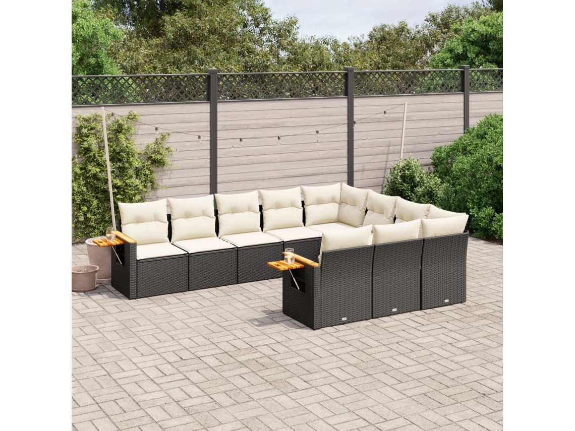 Vidaxl 10 Pcs Conjunto Sofás De Jardim C/ Almofadões Vime Pe Preto