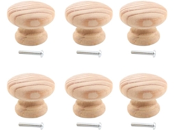 Conjunto De 6 Puxadores Redondos Madeira Maciça Com Parafusos, 40mm, Bege