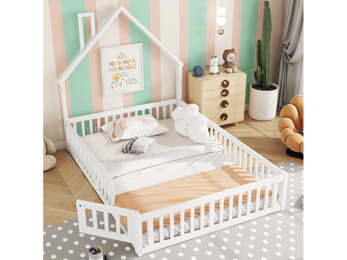 Cama Casa Infantil Branca 140x190cm, Chaminé, Pinho (s/ Colchão).-op