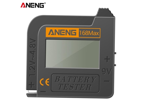 Testador de bateria Aneng 168max com visor digital, testador de voltagem e capacidade da bateria.