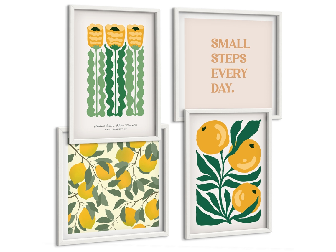 Galeria De Pinturas Murais Padrões De Plantas, Flores E Folhas Moldura Branca Quadros Para O Escritório Espelharte (conjunto De 4 Imagens)