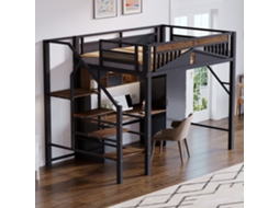 Cama alta metálica de 140x200 cm com design de casa, janelas, escada, armazenamento, preta VSOGA