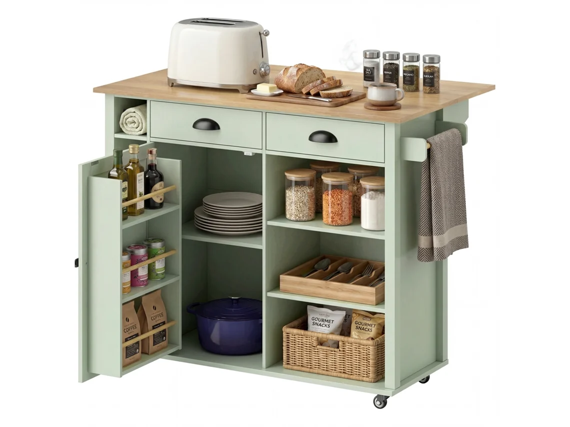 Ilha de cozinha com tampo dobrável, carrinho com 2 gavetas, 2 portas, verde S/MARCA