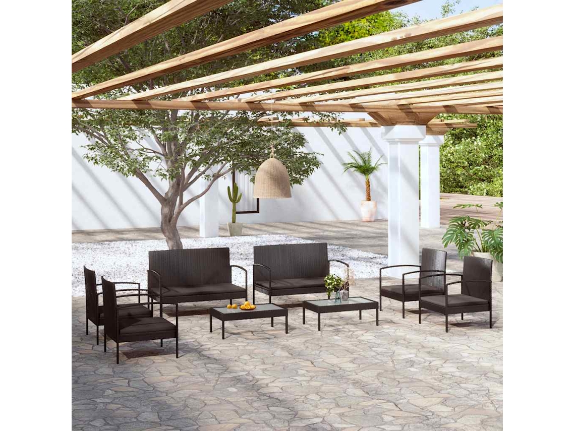 Vidaxl 8 Pcs Conjunto Lounge De Jardim C/ Almofadões Vime Pe Preto
