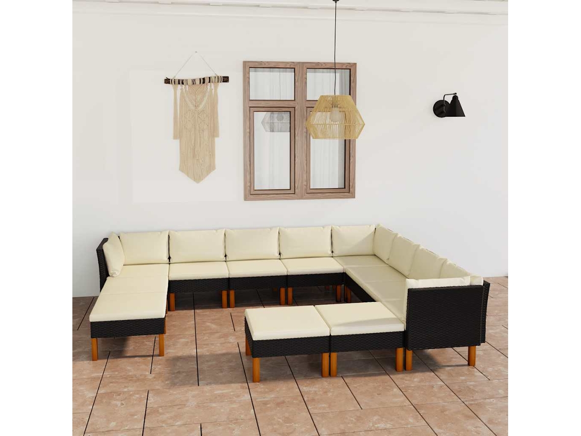 Vidaxl 12 Pcs Conjunto Lounge De Jardim C/ Almofadões Vime Pe Preto
