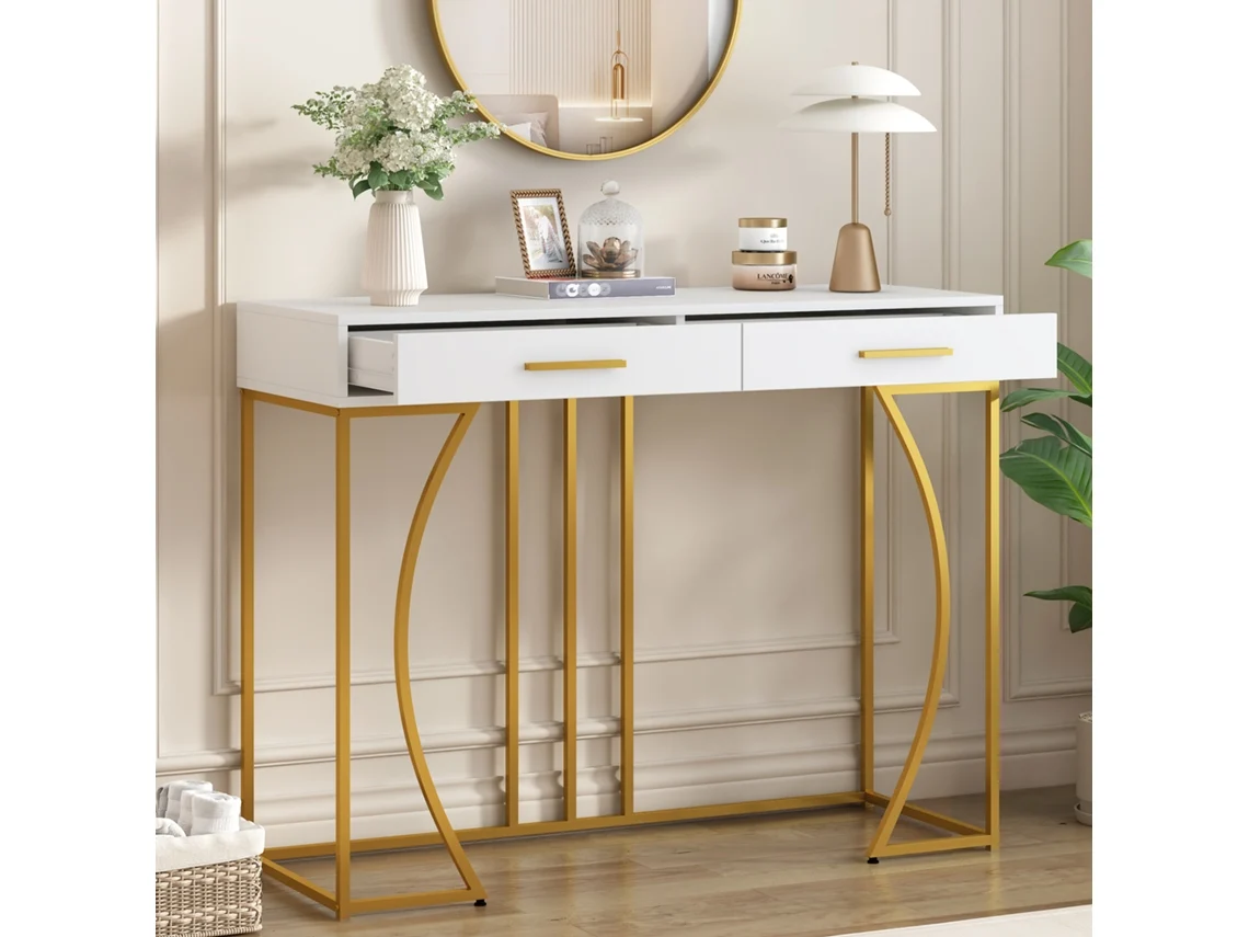 Mesa Consola 110x32x85cm Duas Gavetas Estilo Luxuoso Claro Branco E Dourado Decoração Interior