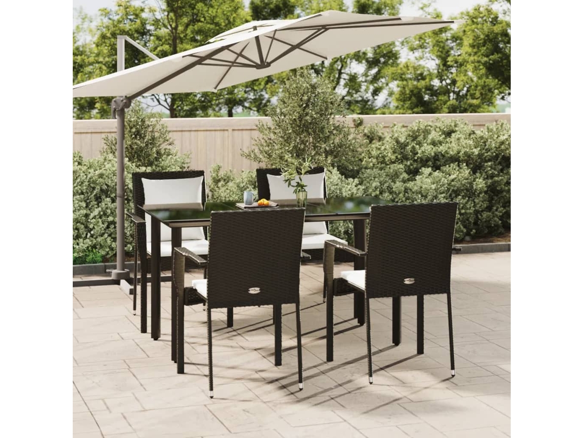 Vidaxl 5 Pcs Conjunto De Jantar P/ Jardim C/ Almofadões Vime Pe Preto
