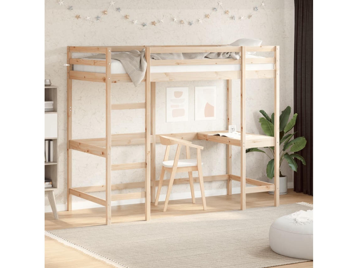 Cama Alta Com Secretária 90x200 Cm Madeira De Pinho Maciça