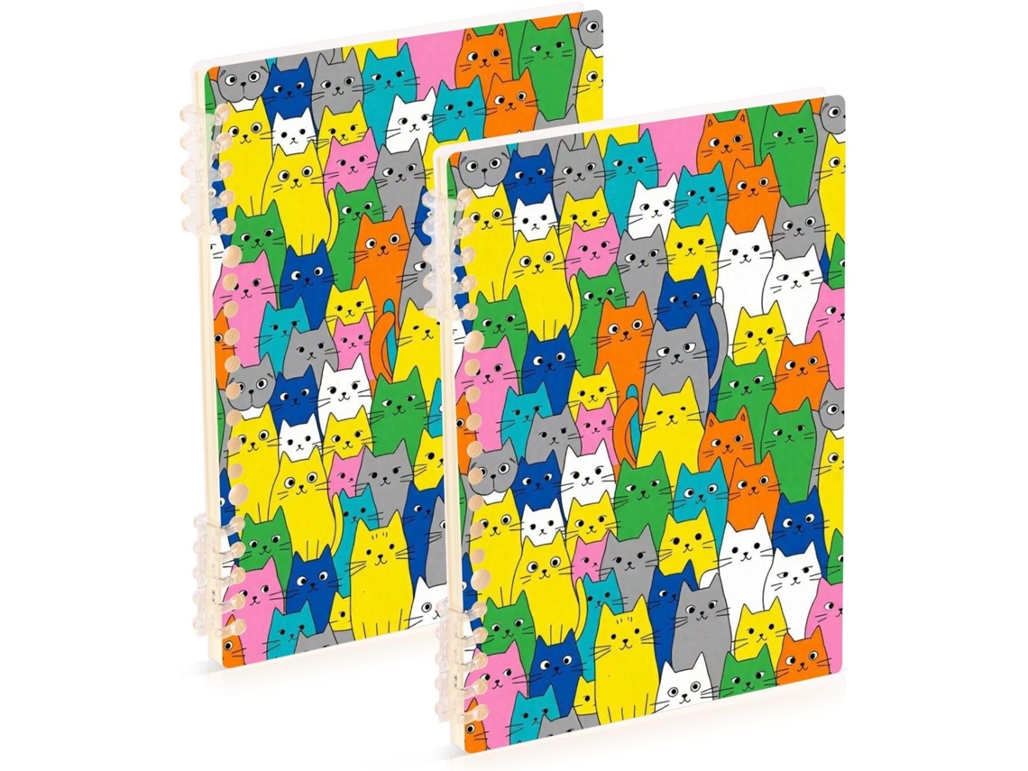 Conjunto de 2 Cadernos Espiral Tamanho A5 Estampa Colorida Gato 21,1 X 14,5 Cm Encadernação em 60 Folhas Par