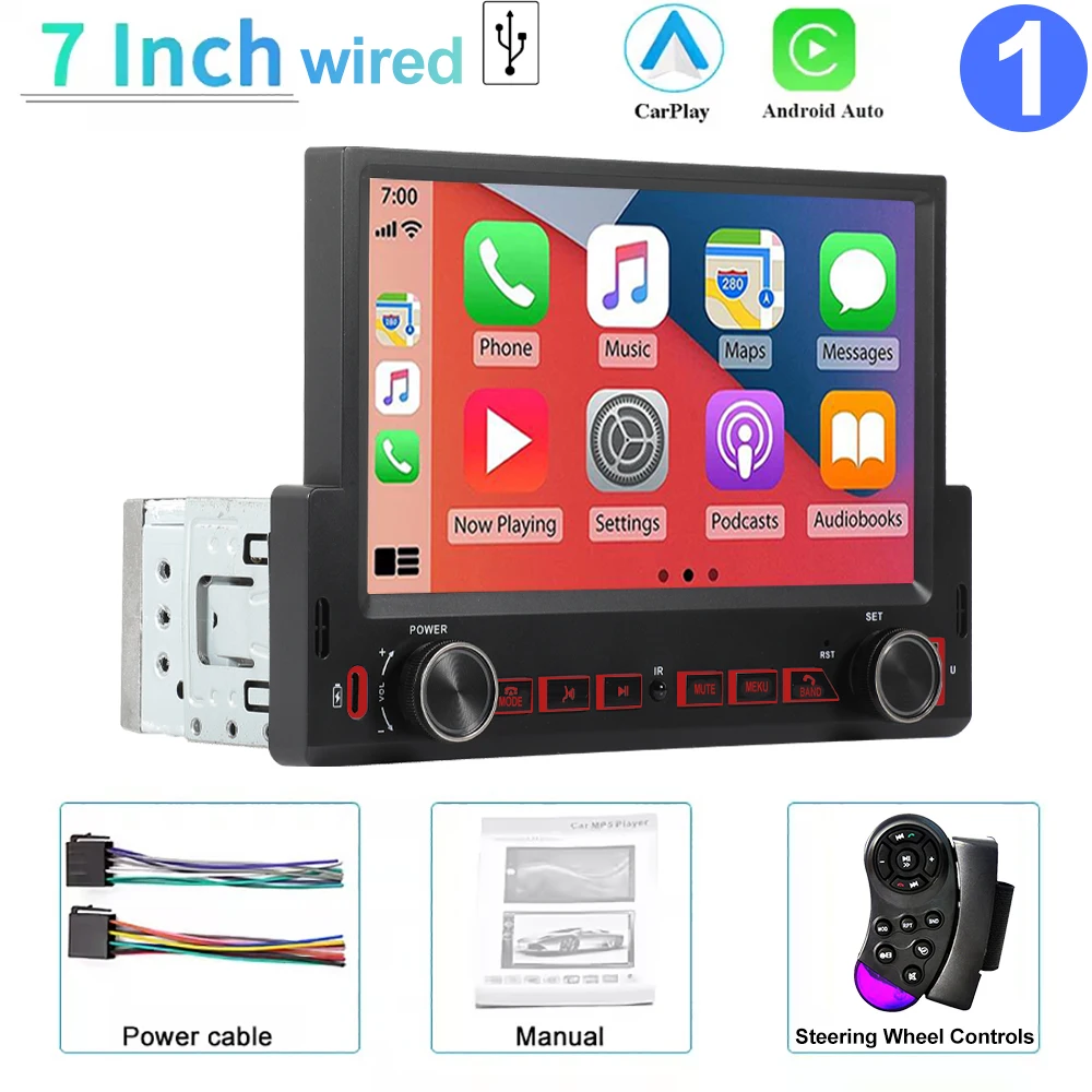 Sistema Multimídia Automotivo (com Fio) De 7 Polegadas, Din Simples, Carplay, Android, Bluetooth, Fm