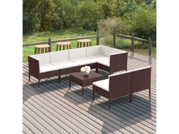 Vidaxl 8 Pcs Conjunto Lounge Jardim C/ Almofadões Vime Pe Castanho