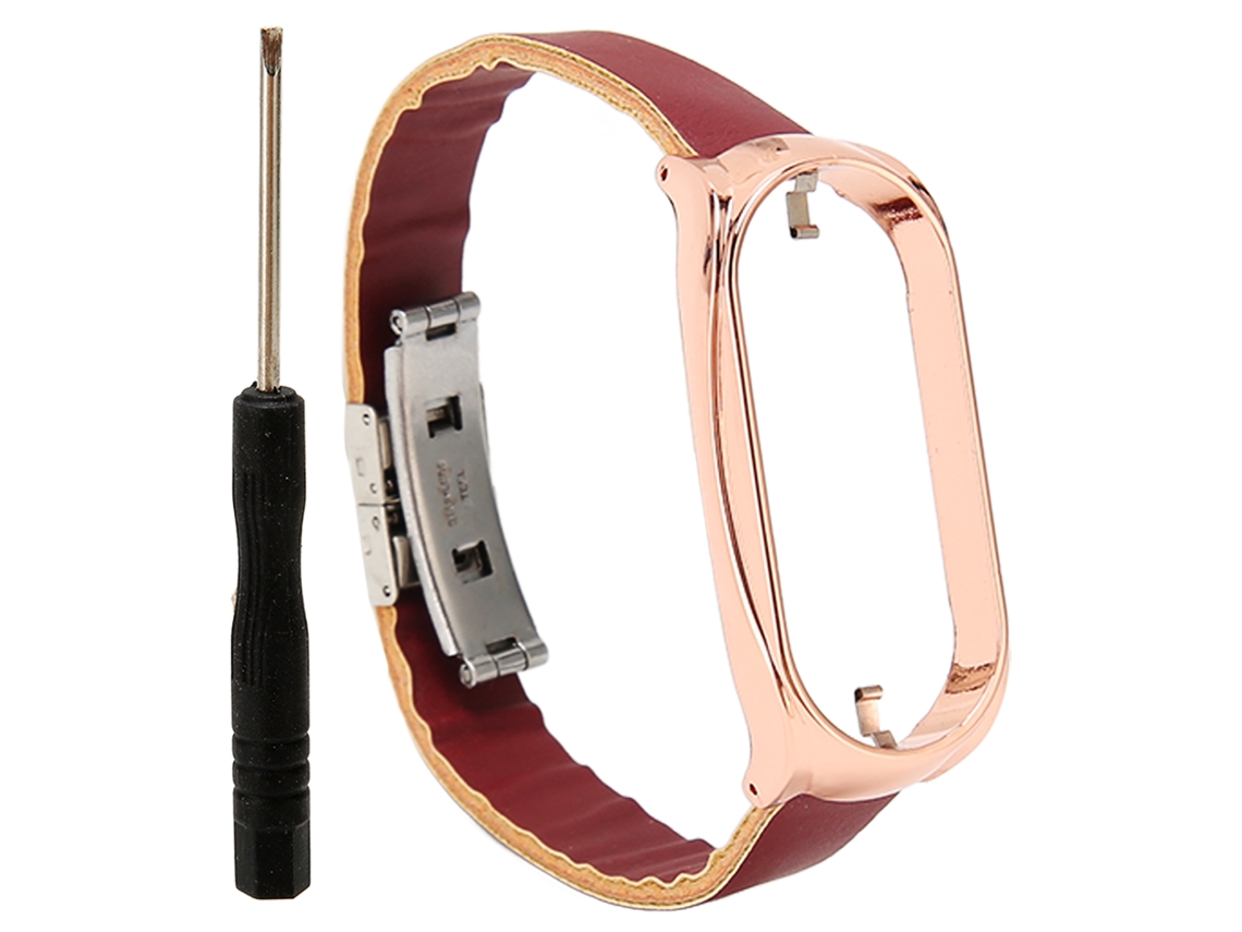 Pulseira com Capa Protetora de Couro Pu e Aço Inoxidável para Mi Band 7 Marrom e Dourado