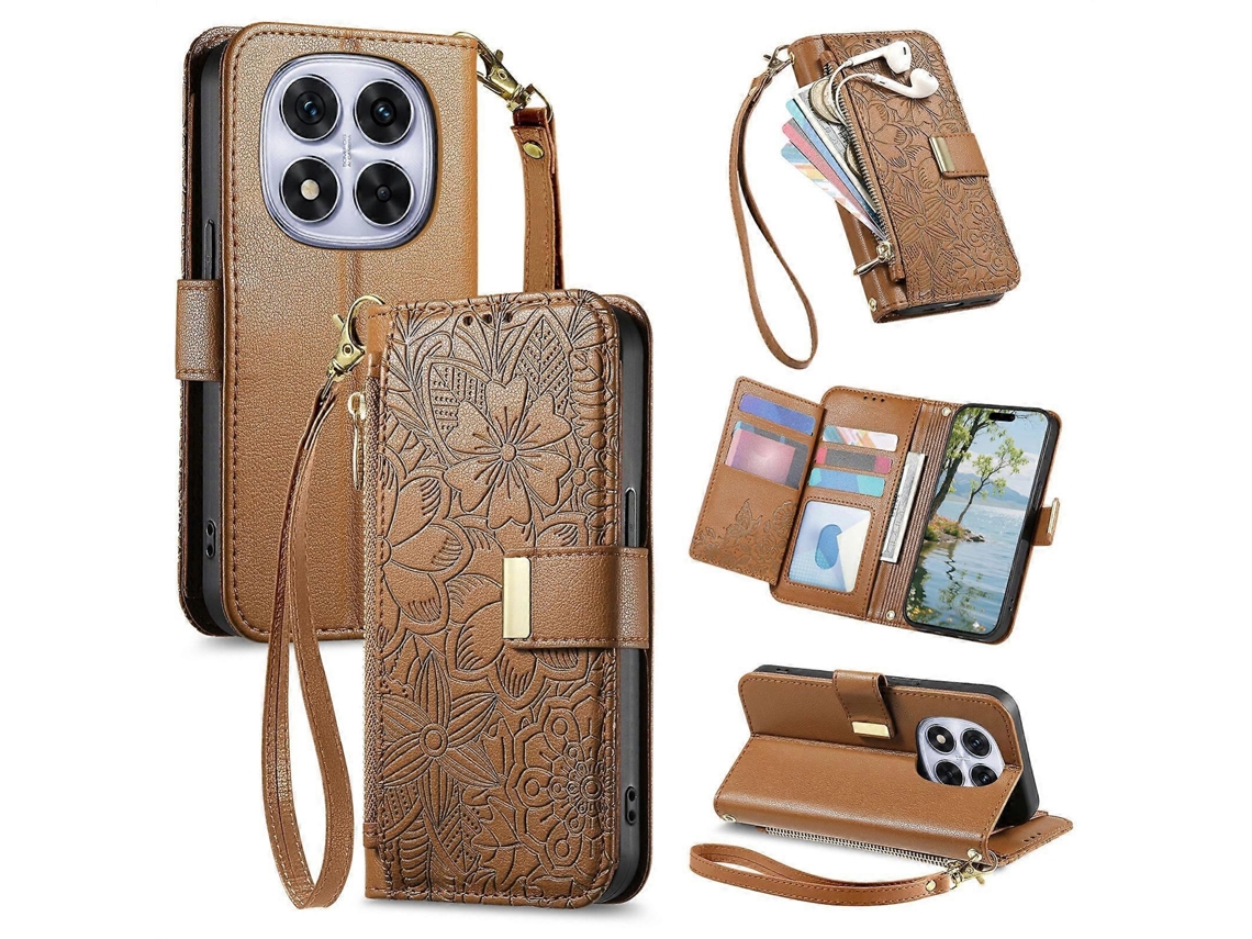 Capa Carteira De Couro Com Zíper, Estampa De Flores E Folhas, Com Alça, Para Redmi Note 14 Pro 5g.