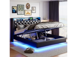 Cama De Casal, 140 X 200 Cm, Estofada, Com Carregamento Usb, Led, Cabeceira Com Espaço De Arrumação, Pés Embutidos E Acabamento Em Pu. Rosahqnda