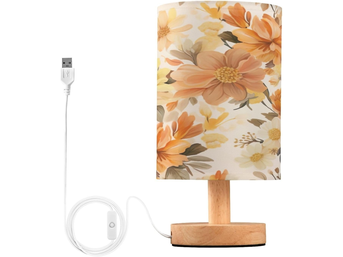 Abajur De Cabeceira Vintage Com Estampa Floral, Portas De Carregamento Usb C, Luminária De Leitura Led, Base De Madeira