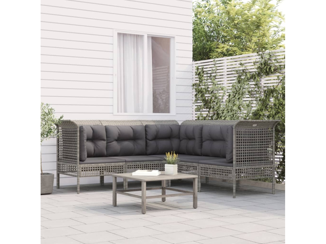 Vidaxl 5 Pcs Conjunto Lounge De Jardim C/ Almofadões Vime Pe Cinzento