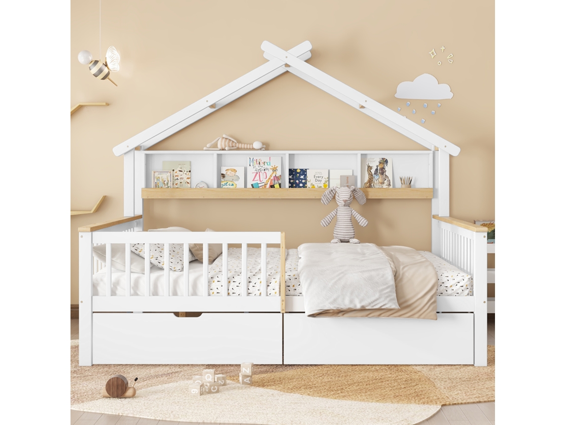 Cama Infantil 140x200 Cm Com 2 Gavetas Com Forma De Telhado Com Compartimento De Arrumação Mdf Madeira Maciça Branco Estilo