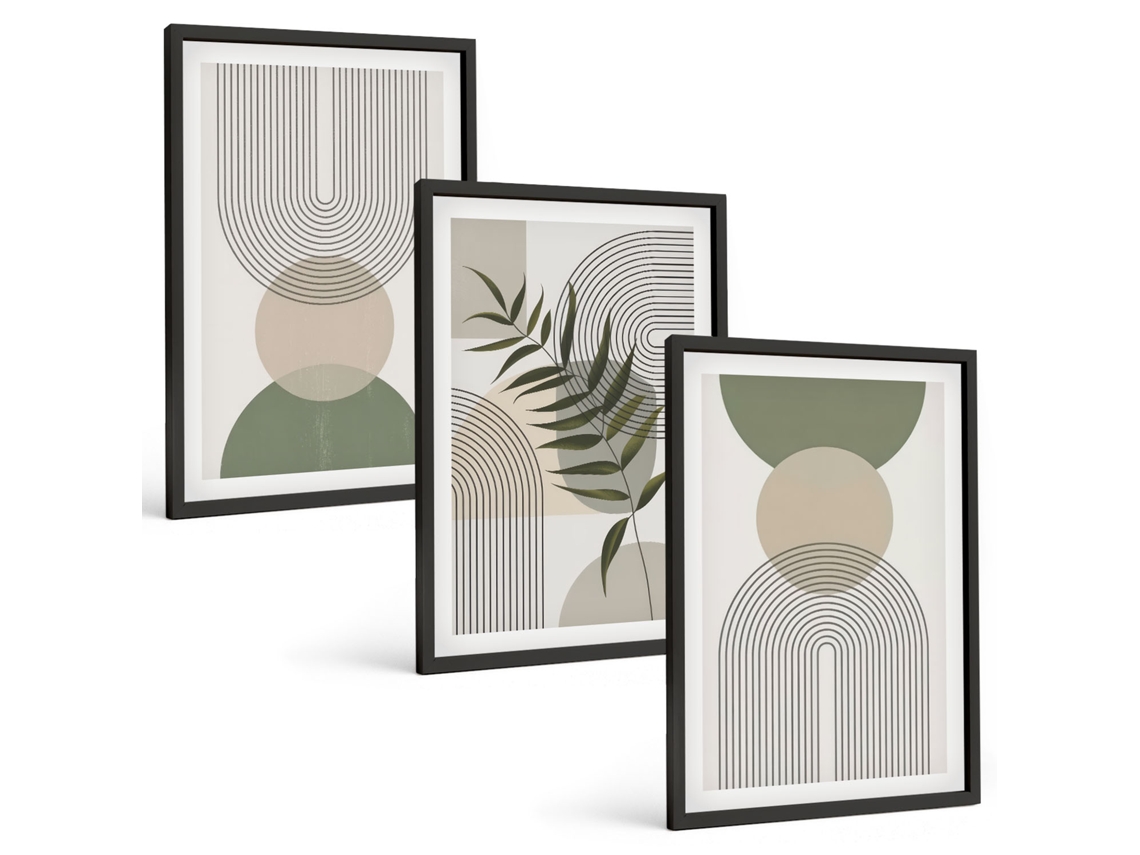 Conjunto De Pinturas Formas Abstratas Com Folhagem Espelharte (3 Peças 40x60 Cm)
