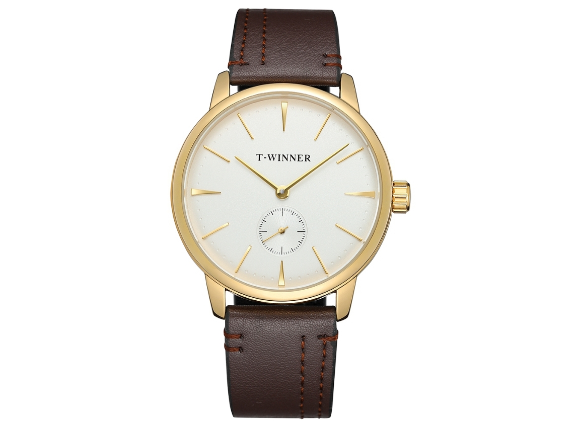 Relógio Mecânico Semi automático para Homem Winner (dial Branco, Caixa Dourada, Cinto Marrom)
