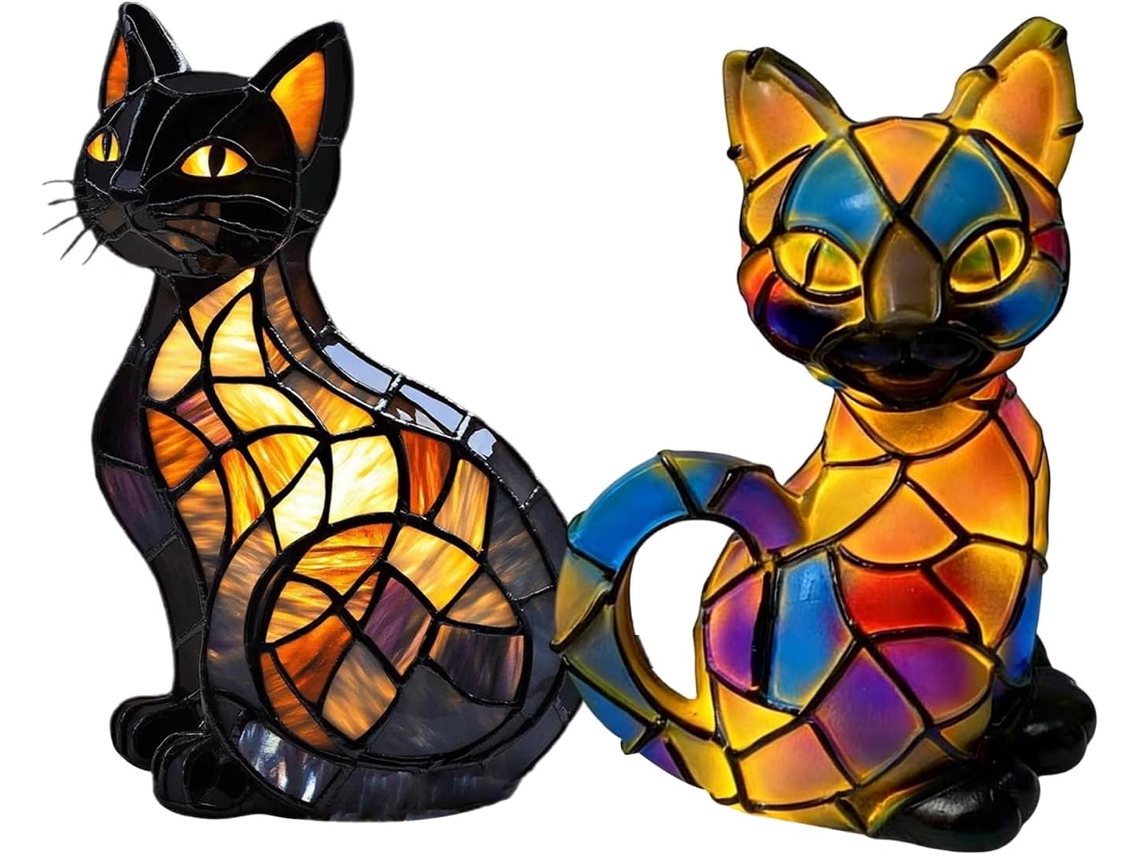 Abajur Vintage Table Cat em Vitral Com, Luminária LED