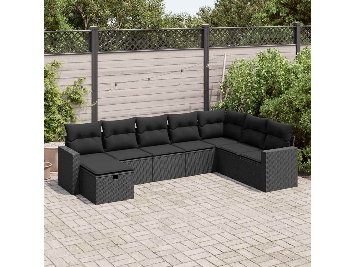 Vidaxl 8 Pcs Conjunto Sofás de Jardim com Almofadões Vime Pe Preto