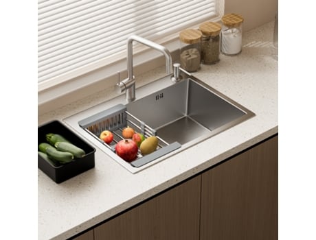 Pia De Aço Inoxidável 1 Tigela 55x45x19 Cm Prata Pia De Embutir Moderna, Fácil De Limpar Com Cesto E Furada Teeno