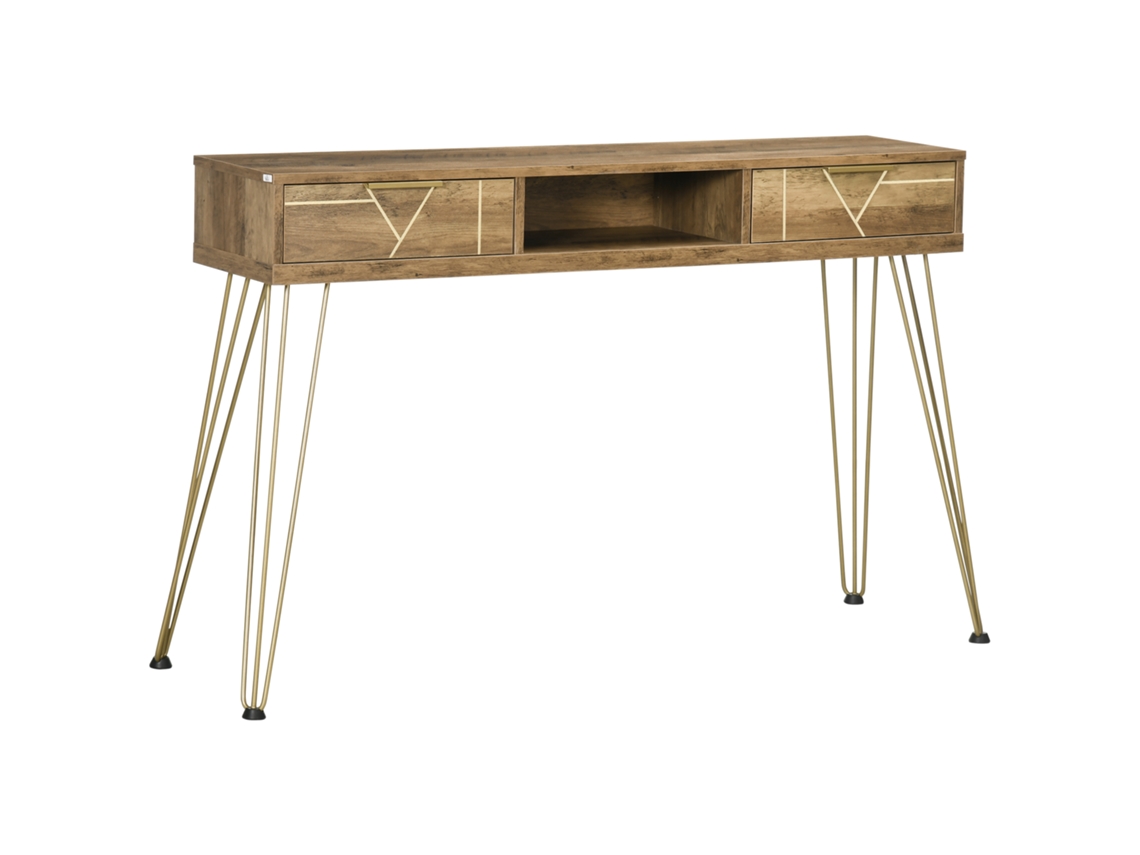 Corredor de Entrada com Console com 2 Gavetas, Prateleira Aberta e Pernas de Aço, Madeira e Bronze 120x29x79 Cm