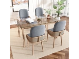 Conjunto 4 Cadeiras Veludo Braços Rotim - 4 Pernas Metal Natural - Cinzento