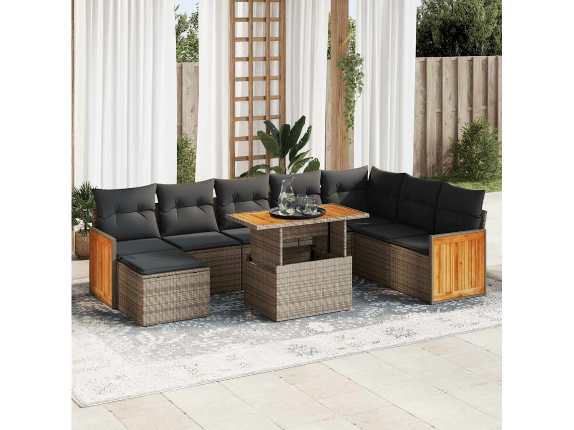 Vidaxl 9 Pcs Conjunto Sofás Jardim Almofadões Vime Pe/acácia Cinzento