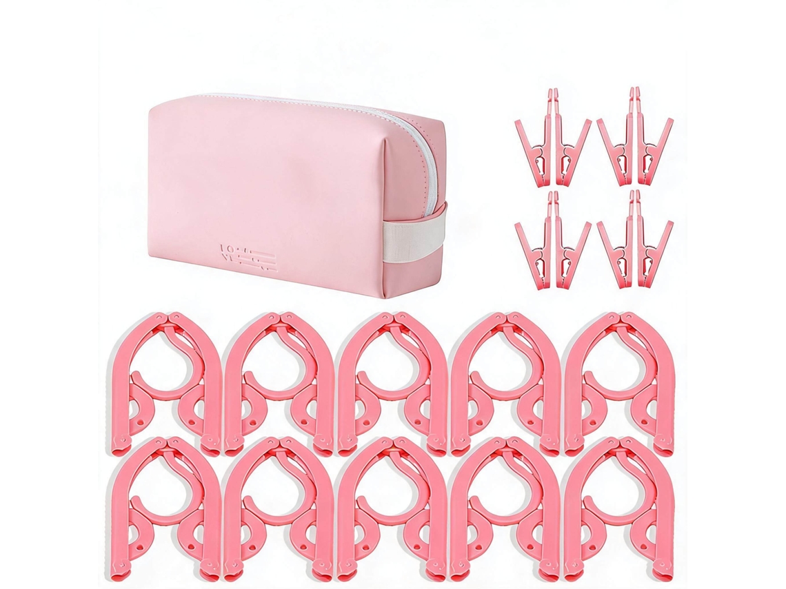 Conjunto Cabides CHRUI Dobráveis Viagem 10 Cabides com 8 Pregadores + Bolsa (rosa)