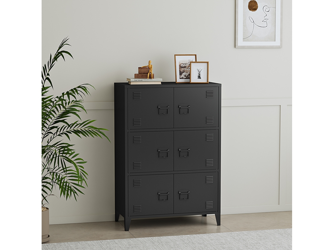 Armário de escritório Hamina com 3 compartimentos e 6 portas de aço 113 x 80 x 40 cm - Preto