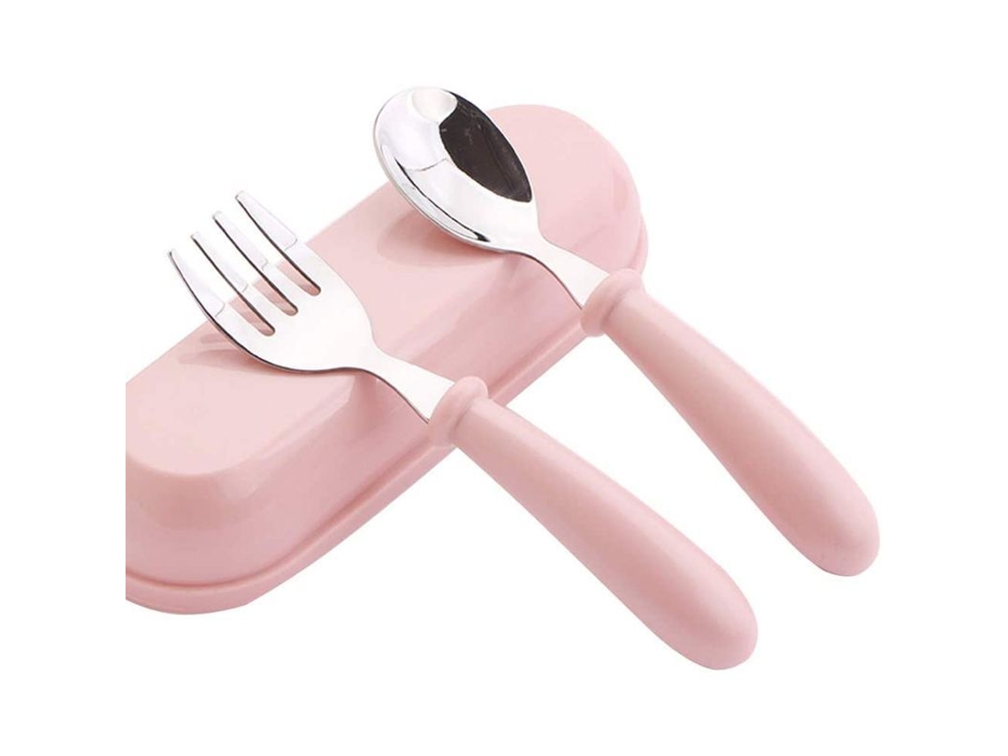 Conjunto de Garfo e Colher Infantil, Aço Inoxidável 304, Rosa, com Estojo | S/MARCA