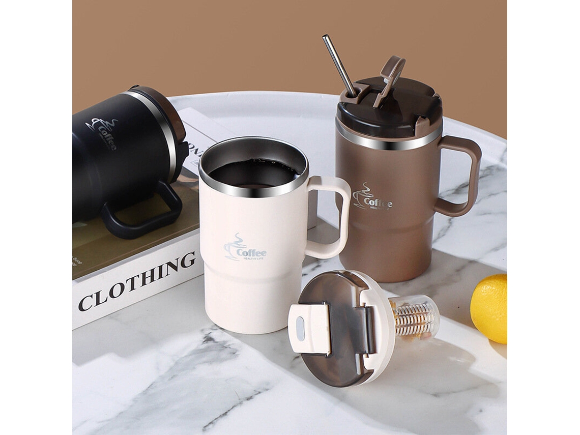 Caneca De Escritório Preta Com Parede Dupla Feita Em Aço Inoxidável 304 Com Colher E Infusor De Chá À Prova De Vazamentos E Resistente A Queimaduras