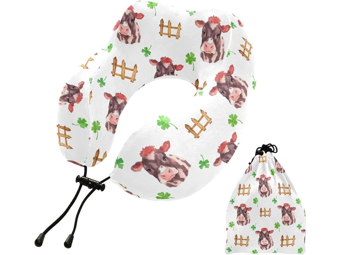 Travesseiro de Viagem Kutsu Watercolor Cow Pescoço em Espuma Leve Conforto