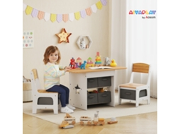 Mesa Infantil com 2 Cadeiras Tábua e Poltronas para Crianças 6 Gavetas Tecido Desenho Estrelas Madeira e Branco