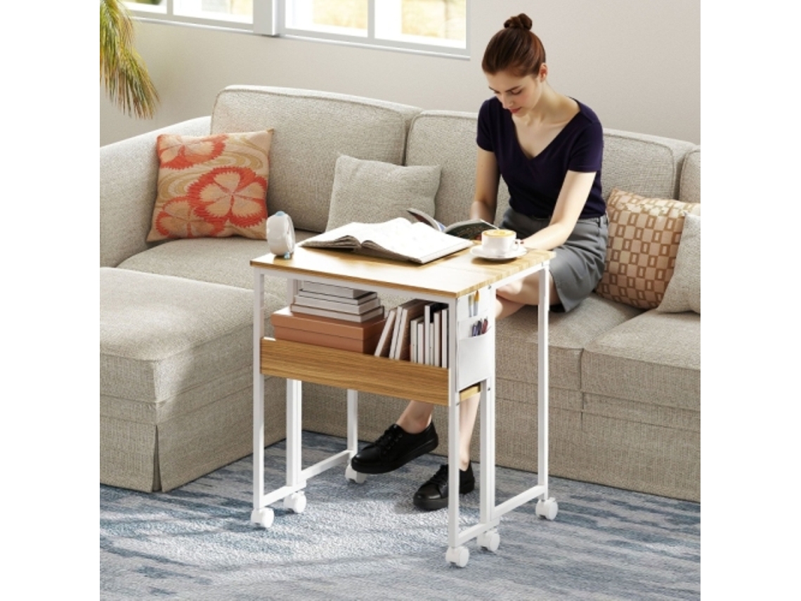 Escritório Portátil Com Rodas E Prateleira Mesa Dobrável De 63 Cm Para Home Office, Espaço Natural E Organizado Ehstmind