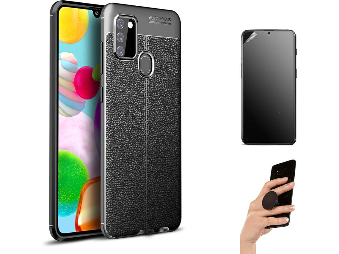 Kit Capa e Película Samsung A21S Ultimatte Rugged Leather e Popsocket Preto
