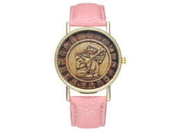 Relógio de casal com mecanismo de quartzo, pulseira de couro PU, mostrador redondo, estilo casual (rosa)