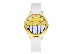 Relógio de quartzo com pulseira de PU, mostrador analógico com carinha sorridente e mostrador redondo branco.