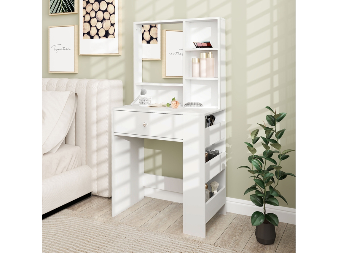 Dressing Table With Mirror, Drawer, 3-tier Side Shelf, Chipboard, White