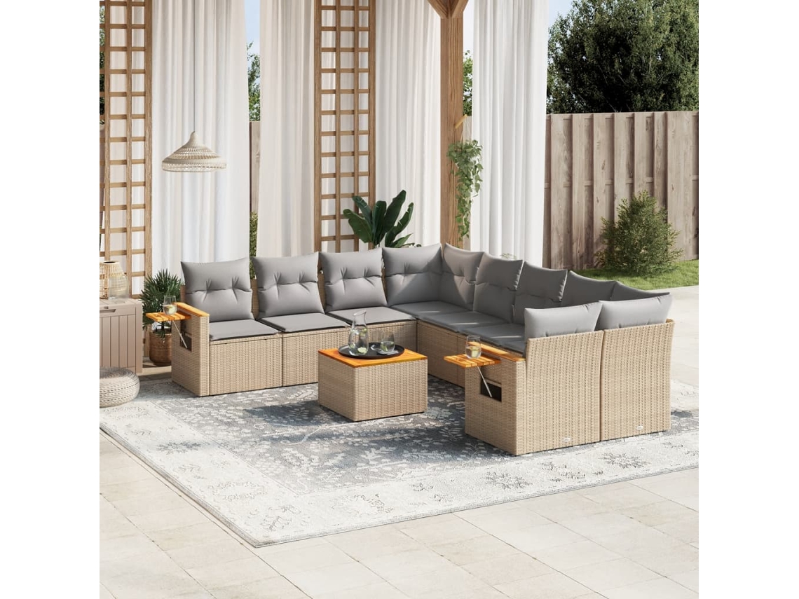 Vidaxl 9 Pcs Conjunto De Sofás P/ Jardim Com Almofadões Vime Pe Bege