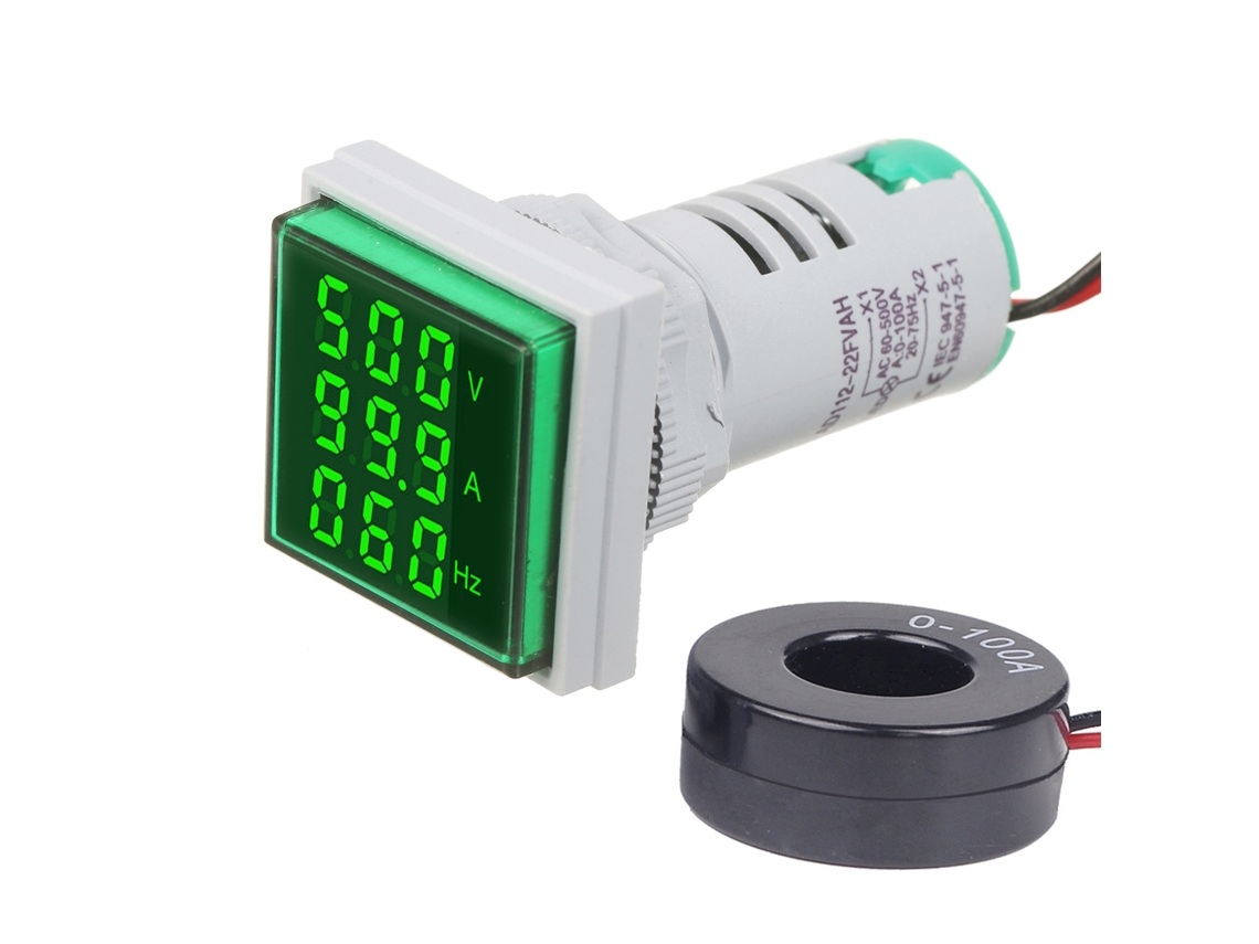 Medidor digital de tensão, corrente e frequência AC60-500V AC0-100A 20-75Hz com painel automotivo de 3 LEDs