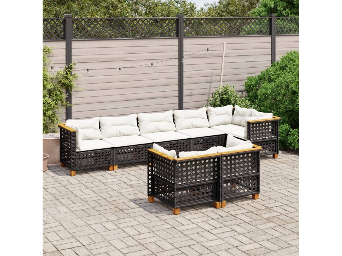Vidaxl 8 Pcs Conjunto Sofás De Jardim Com Almofadões Vime Pe Preto